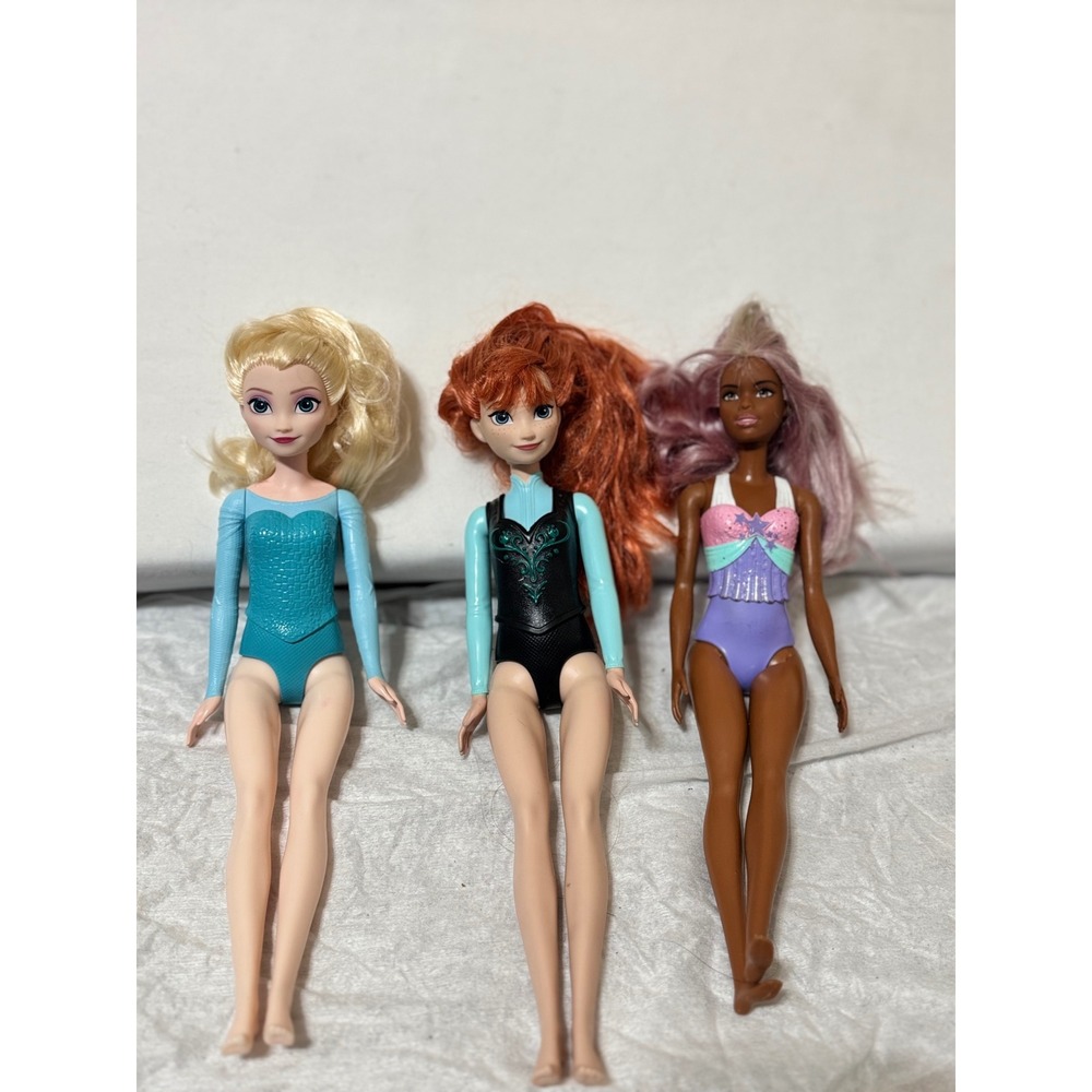 Disney Frozen Elsa Anna and Mattel Barbie Doll Lot of 3 Molded Bodice HLW49